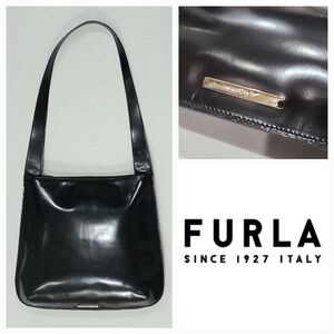 FURLA Vintage Black Patent Leather Slim Hobo Shoulder Bag